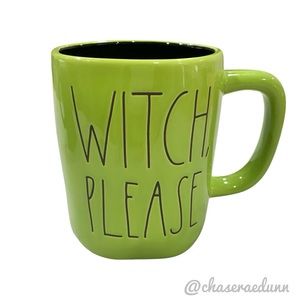 Green RAE DUNN “WITCH PLEASE” mug/collectible. Perfect for Halloween coffee bar.